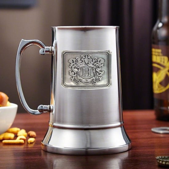 Steel Beer Stein with Monogrammed Pewter Crest