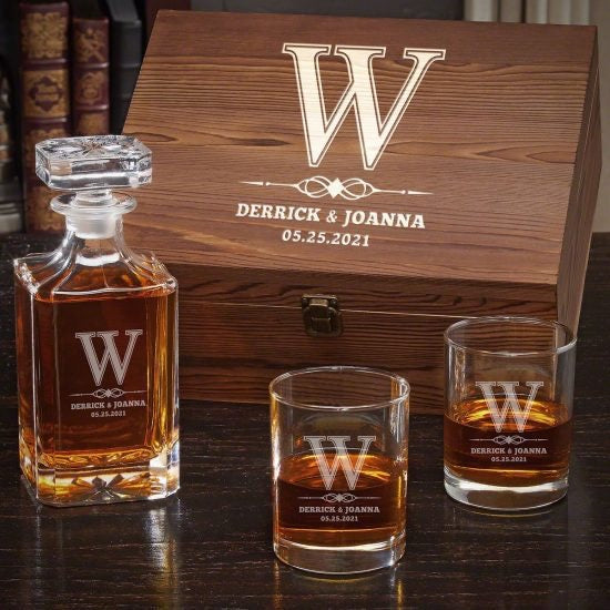 Large Engraved Wood Box with Decanter & Whiskey Glasses Gift