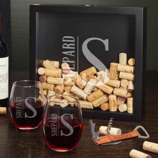 Shadowbox with Stemless Wine Glasses & Corkscrew