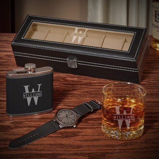 Engraved Watch Case with Watch and Flask Set
