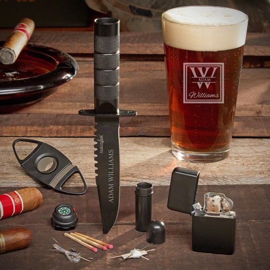Engraved Tactical Knife and Pint Glass with Lighter