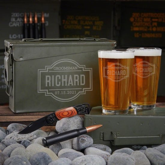 Engraved Ammo Can Pint Glass Gift Set of First Year Anniversary Gifts