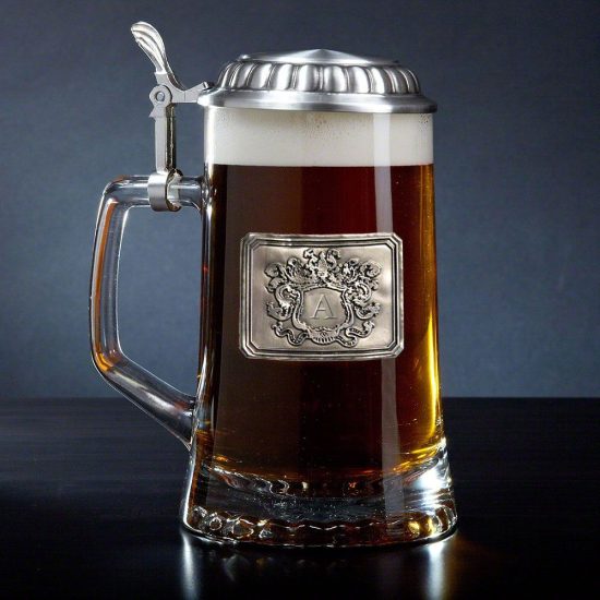 Glass Beer Stein with Engraved Pewter Crest