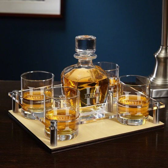 Personalized Whiskey Decanter Set with Serving Tray and Whiskey Glasses