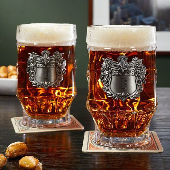 German Glass Steins with Pewter Personalized Crests