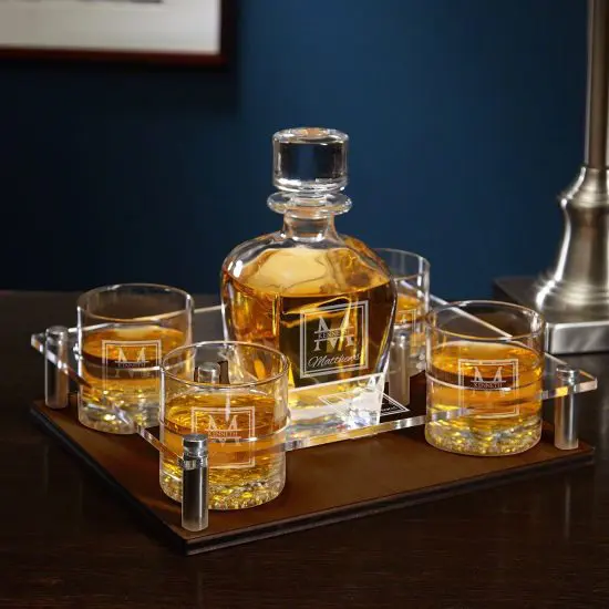 Engraved Crystal Decanter Set with Serving Tray