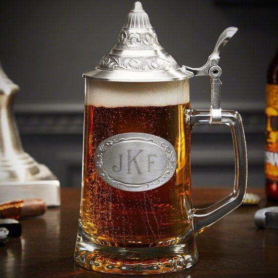 Monogrammed German Beer Stein with Decorated Pewter Lid