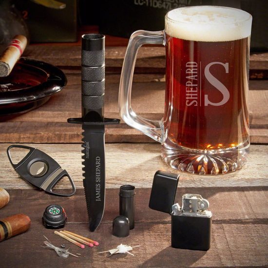 Engraved Beer Mug Gift Set with Tactical Knife
