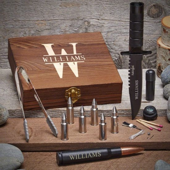 Personalized Bullet Whiskey Stone Set with Survival Knife