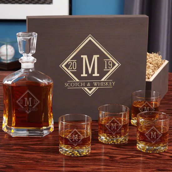 Engraved Whiskey Decanter and Glasses
