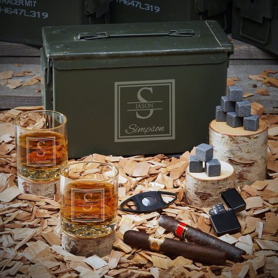 Engraved Whiskey Glasses with Matching Ammunition Box