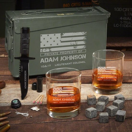 Patriotic Whiskey Ammo Box Set with Tactical Knife