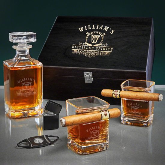 Personalized Cigar and Whiskey Decanter Box Set