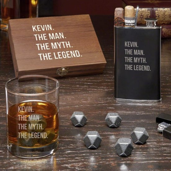 Engraved Whiskey Gift Set with Cigar Flask