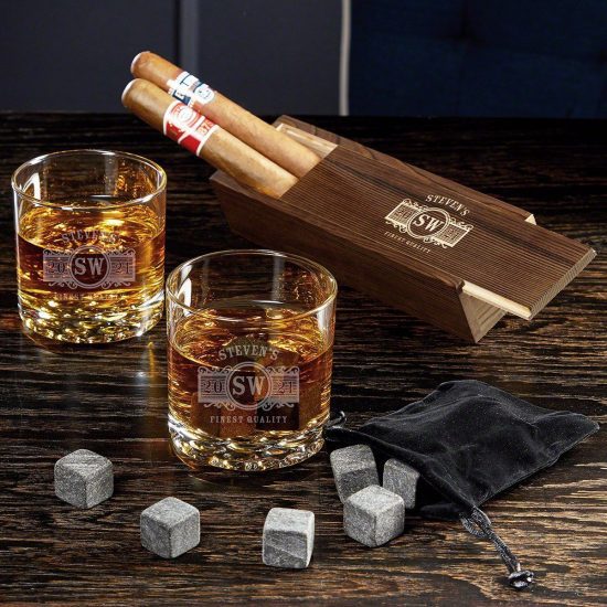 Engraved Cigar Box with Rocks Glasses Set of Bourbon Gifts