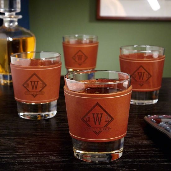 Engraved Leather Wrapped Pint Glass Set