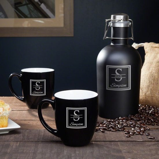 Set of Engraved Coffee Mugs with Coffee Carafe