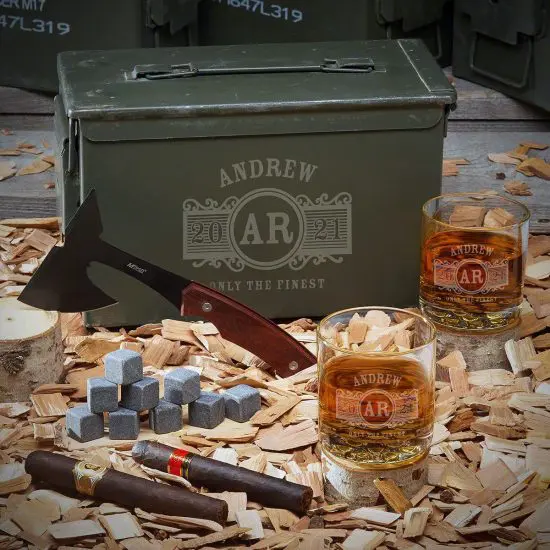 Ammo Can Set with Hatchet and Whiskey Glasses