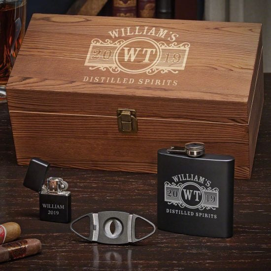 Personalized Cigar Accessory Set with Flask