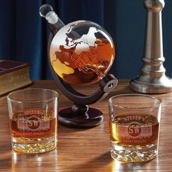 Globe Decanter and Whiskey Glasses