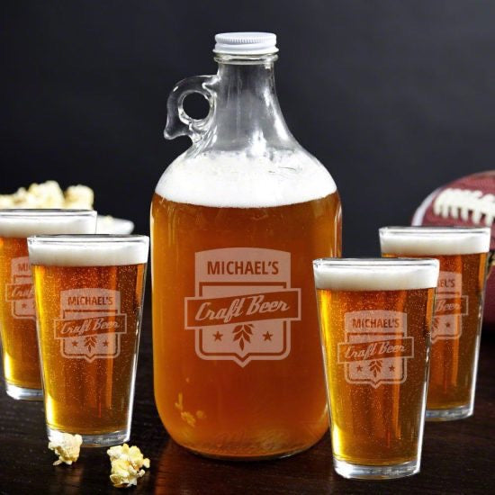 Engraved Glass Growler and Pint Glasses Set