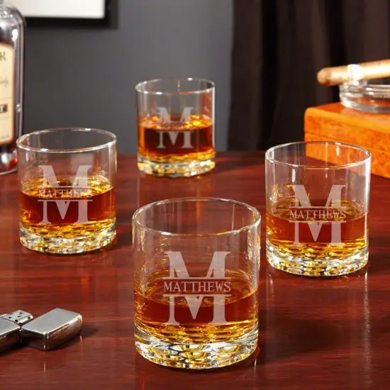Set of 2 Monogram 12.25 oz Double Old Fashioned Lowball Rocks Glass Engraved Base 5 Designs 