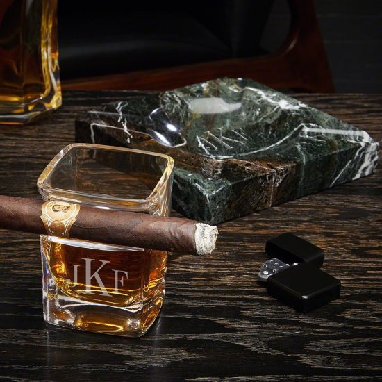 Monogrammed Cigar Whiskey Glass and Marble Ashtray
