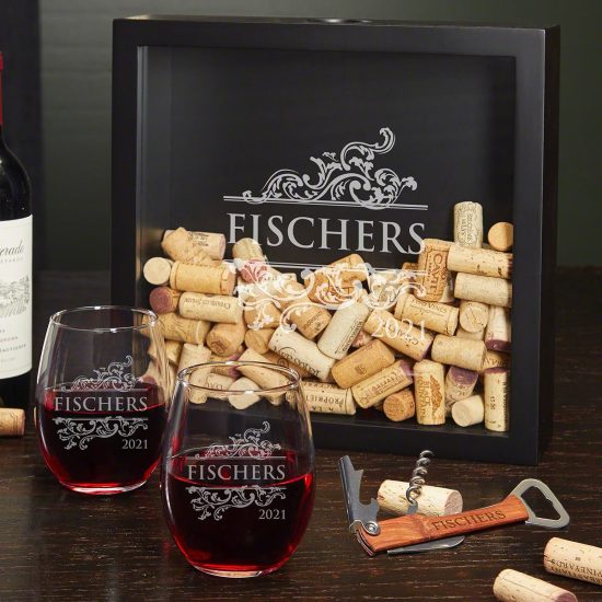 Personalized Wine Glass Gift Set with Shadow Box