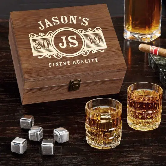 Whiskey Stones Gift Set by Thorsen Tavern 2 Whiskey Glasses Bourbon and Scotch Chilled & Flavorful 12 Granite Chilling Stones Tongs & Black Velvet Bag in Elegant Wooden Box; Keep Your Whiskey 