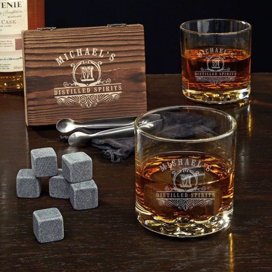 Personalized Whiskey Glasses and Stone Set - Gift for 70 Year Old Man