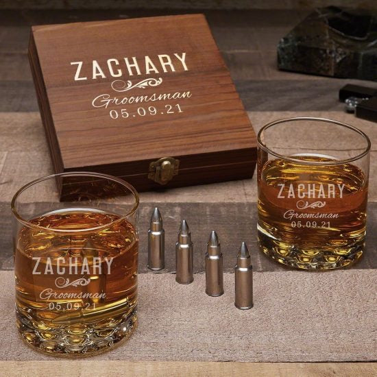 Personalized Bullet Whiskey Stone Set with 2 Glasses