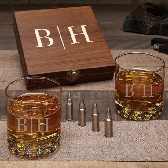 Engraved Bullet Whiskey Stone Set with Two Glasses