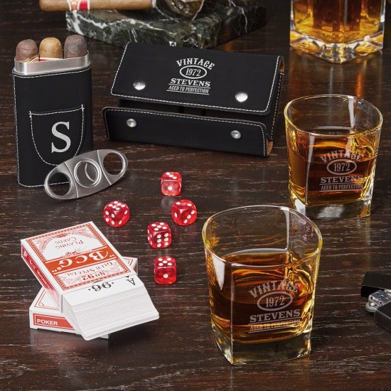 Engraved Whiskey and Cigar Game Set