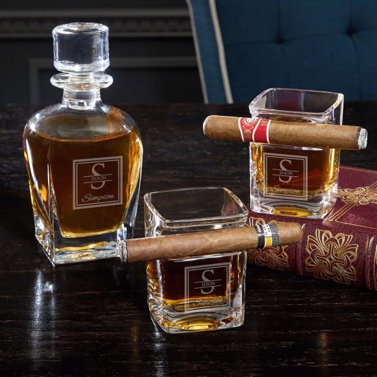 Engraved Decanter Set with Cigar Glasses