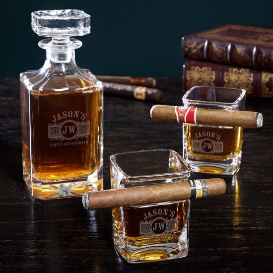 Engraved Whiskey Decanter and Cigar Glasses
