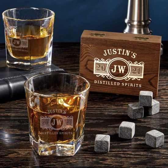 Personalized Double Old Fashioned Glasses with Whiskey Stones