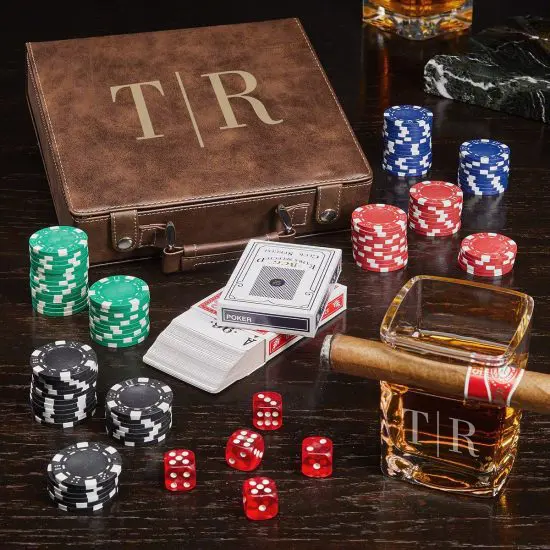 Custom Poker Set with Cigar Glass 10 Year Anniversary Gifts for Him