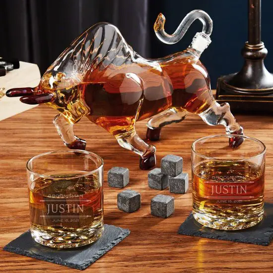 Engraved Bull Decanter Whiskey Set