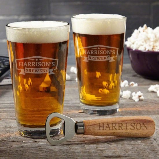 Personalized Pint Glasses and Bottle Opener