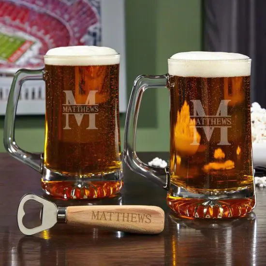 Personalized Beer Mug Set with Bottle Opener