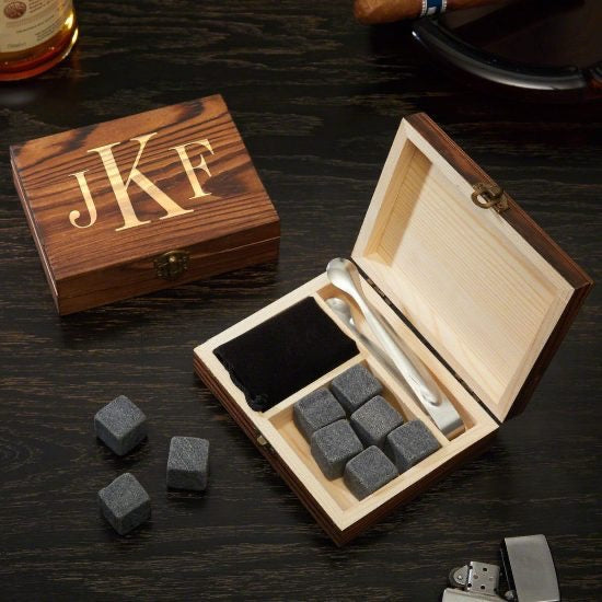 Monogrammed Whiskey Stone Box Set