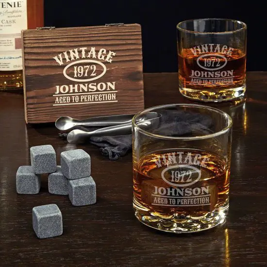 Bourbon Scotch Glasses Drinking Glassware Set for Men Women Lighten Life Whiskey Stone Gift Set Crystal Whiskey Glass Set of 2,10oz Round Whiskey Glasses with 2 Chilling Balls in Wooden Box 