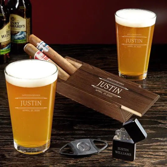 Personalized Pint Glasses and Cigar Box Set