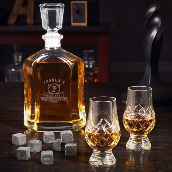 Engraved Decanter and Crystal Glencairn Glasses Pair