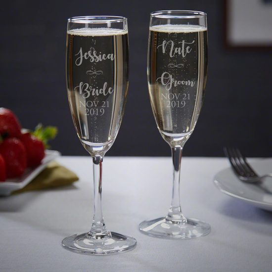 Set of Two Engraved Wedding Champagne Flutes