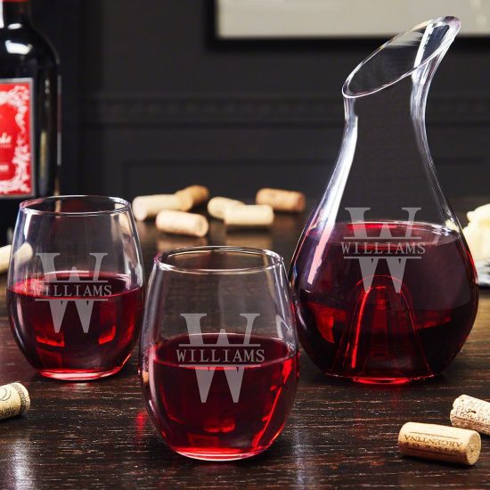 Custom Wine Decanter and Stemless Glasses Set of Two
