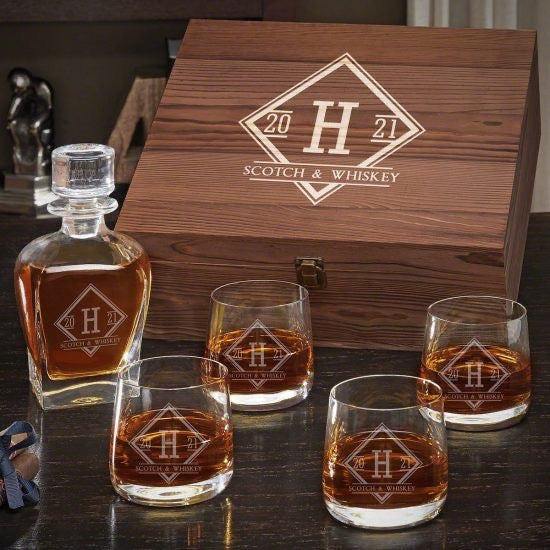 Engraved Whiskey Decanter Box Set with Four Glasses