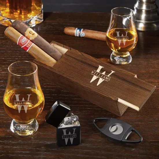 Personalized Glencairn Glasses and Cigar Box Set