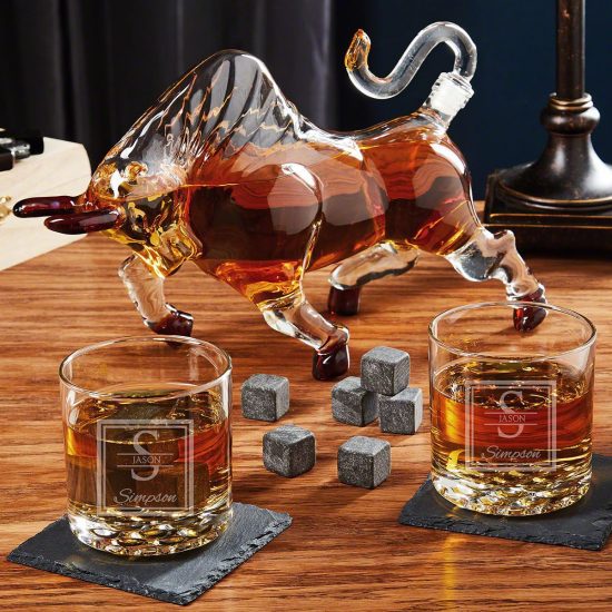 Bull Decanter Set With Two Whiskey Glasses