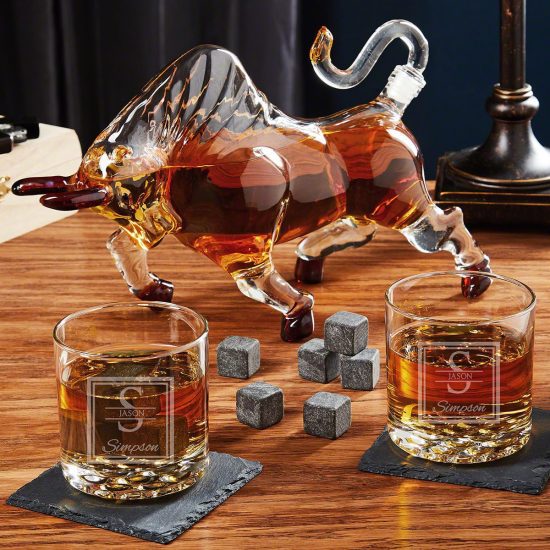 Personalized Bull Decanter and Whiskey Glasses